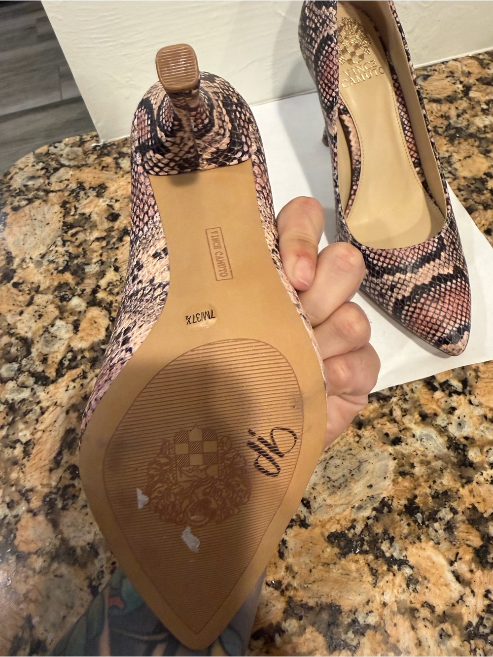 Vince Camuto Pink and Black Snake-Print Pointed Pumps - Picture 6 of 7